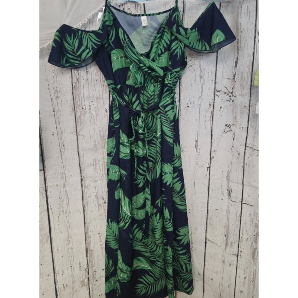 Women's 2X Navy Green Tropical Leaf Maxi Dress Cold Shoulder Side Slit Boho